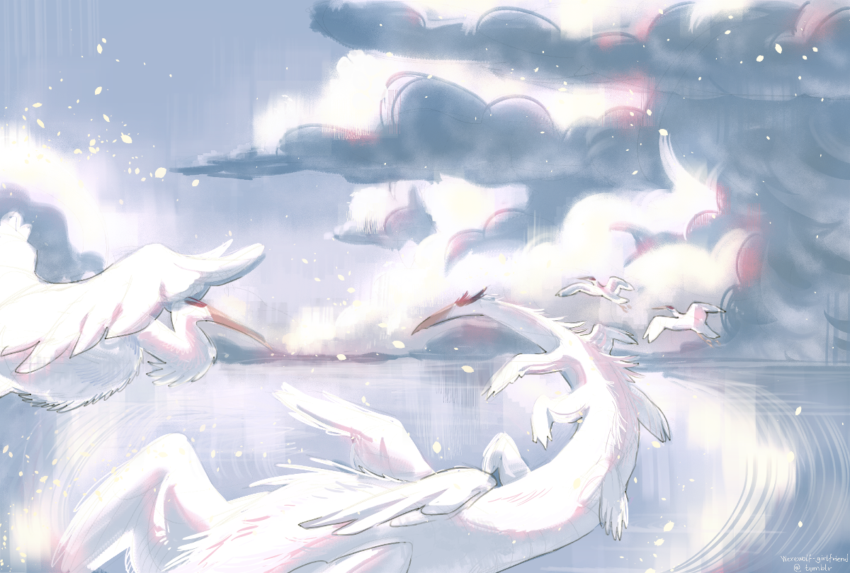 A sketchy digital painting of 3 cranes flying alongside a long, white, feathered dragon over a pale blue sea with a cloudy sky.